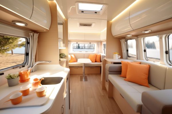 A close - up shot of a modern caravan interior, showcasing the well - appointed living space and functional amenities with Generative AI